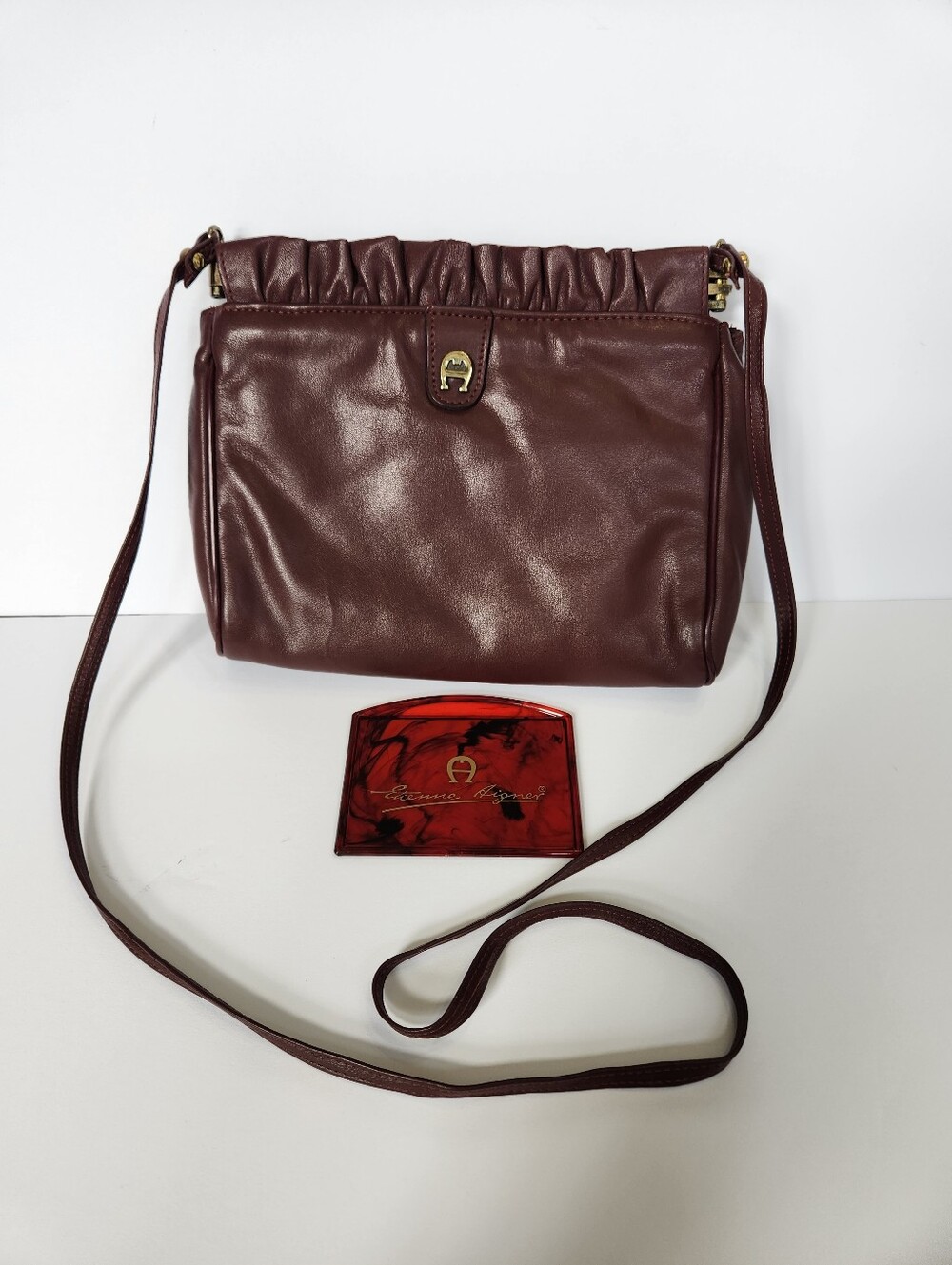 Etienne Aigner Burgundy Crossbody Bag with Ruffle Trim With Original Mirror